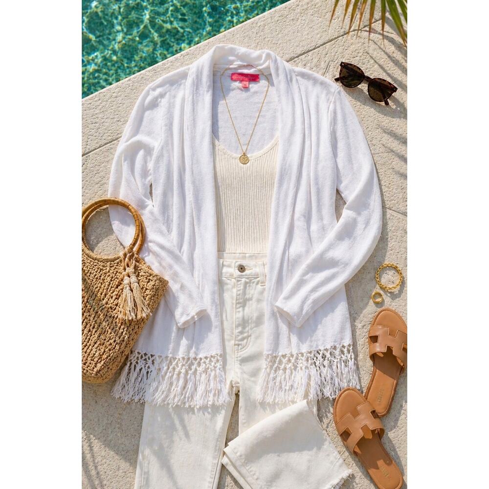Lilly Pulitzer White Fringe Cardigan XL Coastal Resort Cover Up Open Front